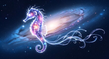 A majestic, glowing seahorse composed of stars and nebulae, floating in a cosmic landscape with a spiral galaxy in the background.