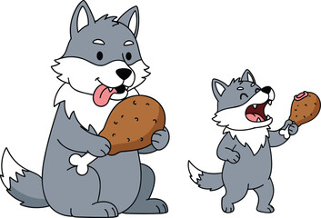 Cartoon wolves eating meat — cheerful gray parent and child holding drumsticks in playful and expressive animal-themed food scene