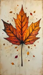 Vibrant Orange Maple Leaf in Artistic Style with Floating Autumn Leaves and Warm Tones, Perfect for Fall and Seasonal Decor