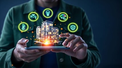 A businessman holding a smartphone with floating hologram of smart apartment and security icons, symbolizing modern hotel security and surveillance system - Powered by Adobe