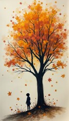 Serene Silhouette of a Child Under a Vibrant Autumn Tree with Falling Leaves in Warm Orange and Yellow Tones
