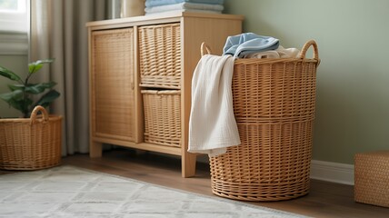 Cozy laundry room featuring natural woven baskets and a stylish rattan cabinet.