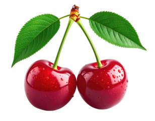 Two glistening cherries with leaves