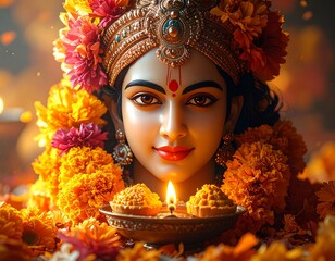 Close-up of a deity portrait, adorned with flowers and lights