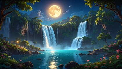 Lush waterfall at night under a full moon