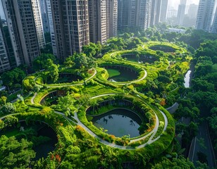 Lush, interconnected green spaces form a vibrant urban oasis amid towering city structures.