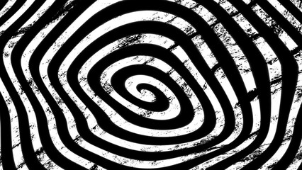 Abstract black and white grunge background with a hypnotic hand-drawn spiral pattern. Distressed texture with concentric circles, creating an optical illusion effect for modern design projects.