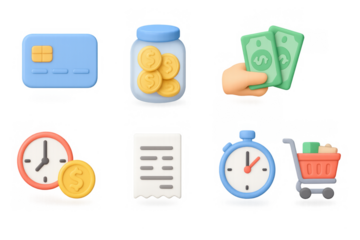 Colorful 3d icons: finance and shopping essentials for modern applicat