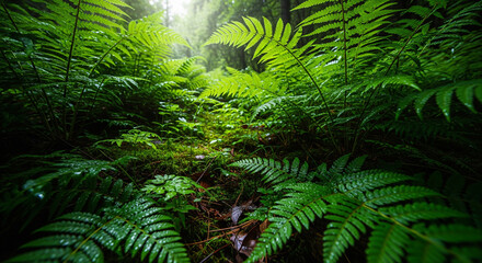 Lush Green Ferns and Mossy Forest Floor in Natural Light. © ahmadiliandy