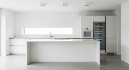Minimalist Kitchen Interior with Island and Modern Appliances.