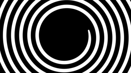 Abstract black and white hypnotic spiral animation. Seamless looping background of a spinning vortex. Optical illusion with concentric circles creating a psychedelic and dizzying effect. Copy space.