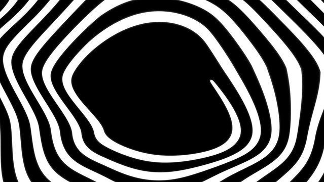 Abstract black and white background with wavy, organic lines creating a dynamic zebra-like pattern. Minimalist monochrome graphic with fluid stripes for a concept of illusion and motion. Copy space.