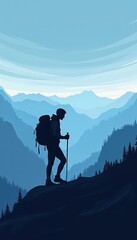 Silhouette of a Hiker Against a Background of Mountains and Blue Sky During Sunrise in a Scenic Outdoor Landscape Adventure