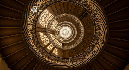 Ornate Spiral Staircase with Wrought Iron Railing and Skylight.