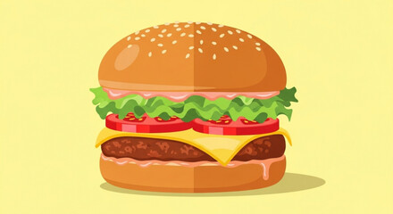 Delicious burger with sesame bun lettuce tomato and cheese vector illustration for food lovers and restaurants