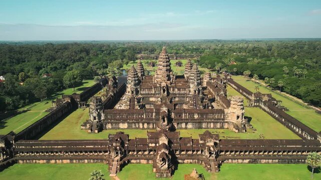 Drone Fly Away Shot Of Angkor Wat Temple Complex In Siem Reap Cambodia