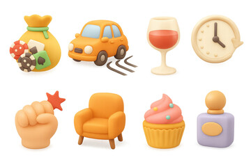 Colorful 3d icons collection: food, drink, transport, and leisure obje