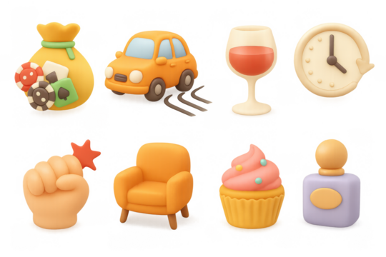 Colorful 3d icons collection: food, drink, transport, and leisure obje - Powered by Adobe