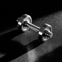 Sleek Stainless Steel Dumbbell on Textured Black Surface, Dramatic Lighting.