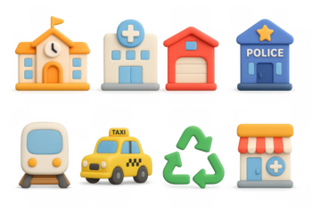 Cute 3d icons of public services and transportation