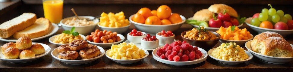 A lavish breakfast buffet spread with a wide variety of pastries, fruits, cereals, and hot dishes Ideal for hotel, restaurant, or catering websites , table, simple