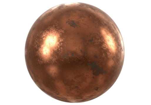 Isolated oxidized copper sphere, corroded metal ball, shiny textured spherical object