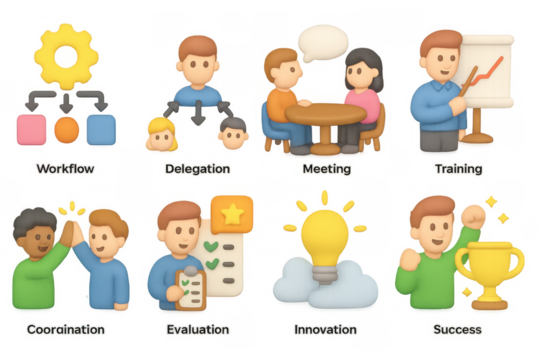 Creative team collaboration and productivity in 3d flat design