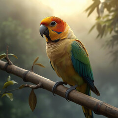 Vibrant parrot perched on bamboo branch, tropical jungle mist, golden hour light, serene nature