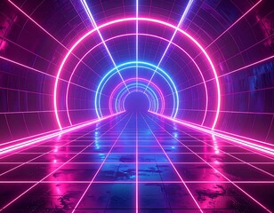 Neon tunnel with grid floor