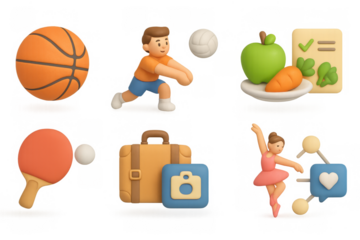 3d icons of sports, travel, and healthy living in pastel tones