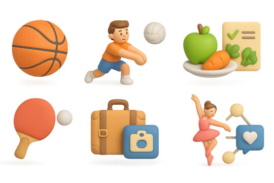 3d icons of sports, travel, and healthy living in pastel tones - Powered by Adobe