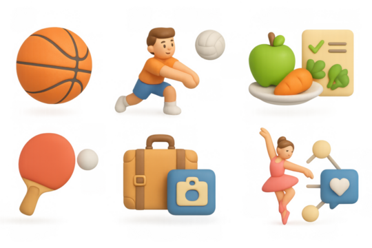 3d icons of sports, travel, and healthy living in pastel tones - Powered by Adobe