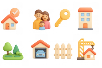 3d icons of family, home, and property essentials in bright colors