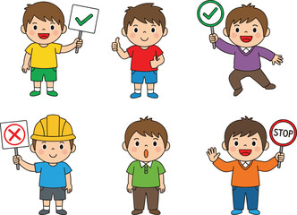 PrintCartoon illustration of six diverse boys with signs and gestures, thumbs up, stop sign, expressions, educational design, vector art style