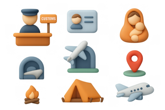 Travel and aviation icons in soft 3d style featuring customs, airline,