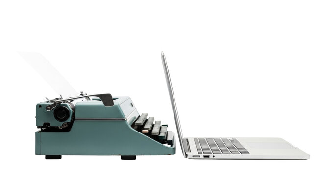 A vintage teal typewriter, classic keys, blank paper, side-by-side with a sleek silver laptop on a transparent studio background, soft light. Concept of technological evolution