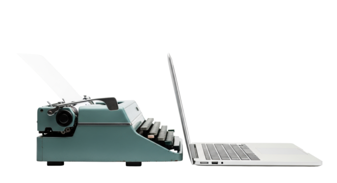 A vintage teal typewriter, classic keys, blank paper, side-by-side with a sleek silver laptop on a transparent studio background, soft light. Concept of technological evolution - Powered by Adobe