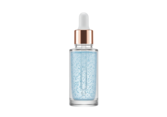 Isolated blue hydrating serum in a transparent bottle with a dropper, skincare product