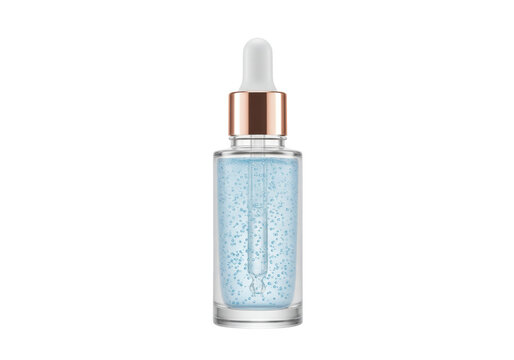 Isolated blue hydrating serum in a transparent bottle with a dropper, skincare product