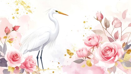 Elegant white egret amidst delicate pink roses