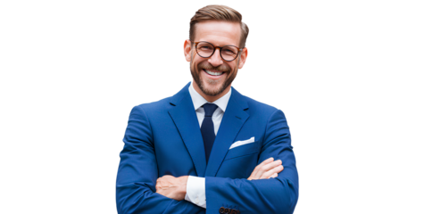 photograph of a smiling businessman with arms crossed, wearing a blue suit and glasses, isolated on a transparent png  