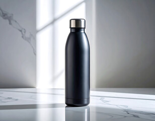 Minimalistic Stainless Steel Bottle on Modern Marble Counter With Plants