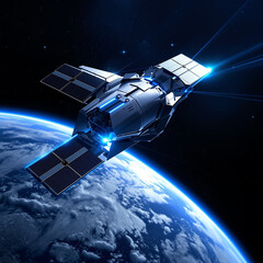 Futuristic satellite orbiting Earth with glowing holographic communication beams