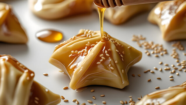 Delicious chebakia drizzled with honey and sprinkled with sesame seeds