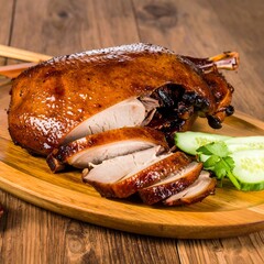 Sliced roasted duck on a wooden platter with cucumber and herbs