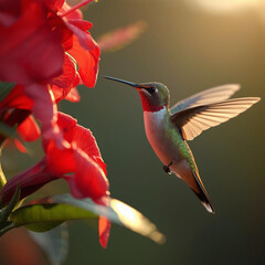 Tiny hummingbird hovers beside vibrant red flower, catching golden hour light © Injamamul