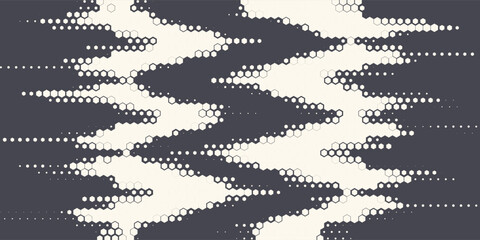 Vector Geometric Halftone Hexagon Shapes Technology Oscillation Wave Abstract Background. Hexagonal Retro Simple Pattern. Minimal 80s Style Dynamic Tech Wallpaper