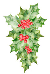 Hand painted watercolor holly branch with green spiky leaves and bright red berries. Festive botanical element perfect for Christmas cards, holiday invitations, seasonal prints, and winter projects.