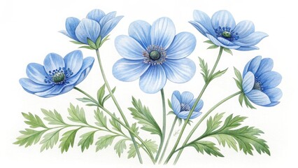 Obraz premium Watercolor illustration of blue anemone flowers isolated on white background