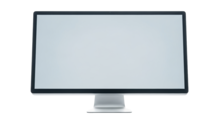 Modern wide-screen monitor, dark grey bezel, silver stand, blank light blue-grey display, on white background with copy space & reflection, digital technology mockup concept